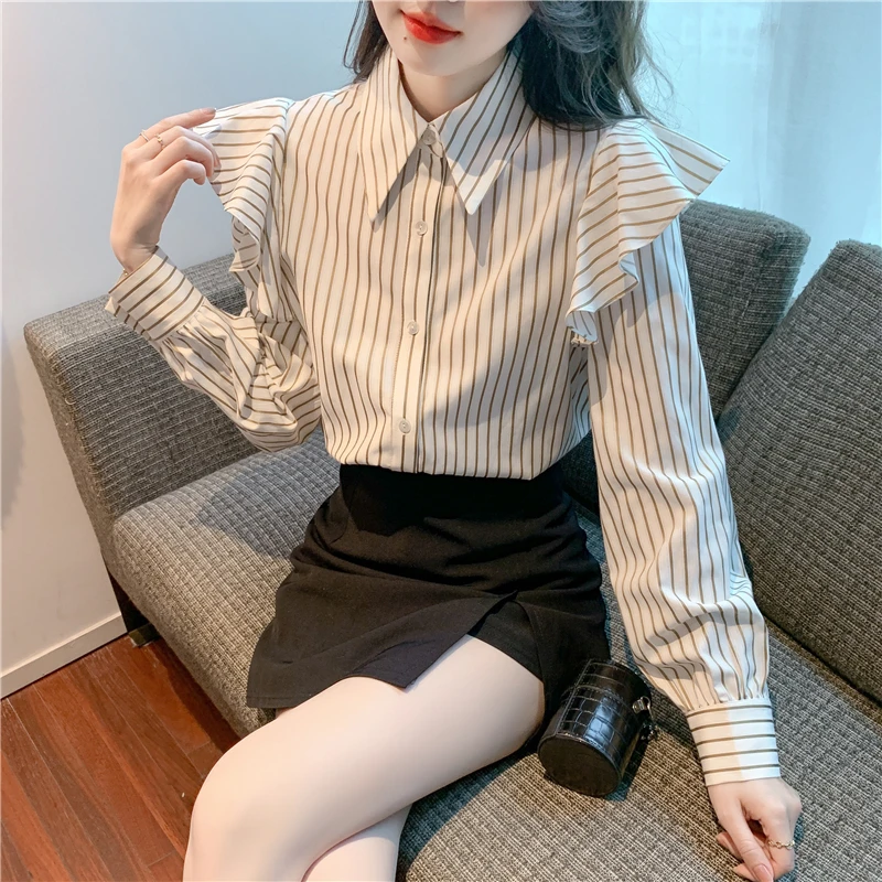 

Casual Blue Striped Shirts For Women Lapel Long Sleeve Korean Bowknot Patchwork Blouses Female 2023 Spring Clothing