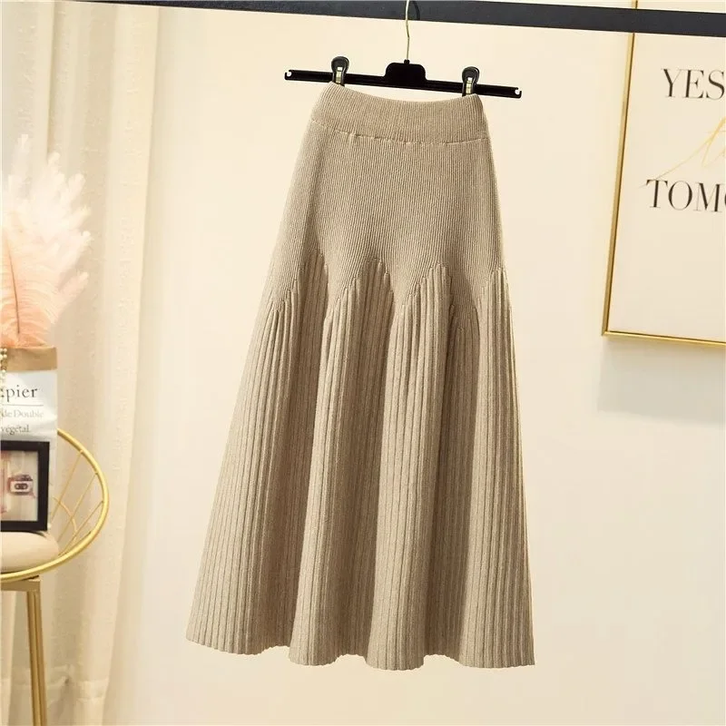 Autumn Winter Korean Fashion Pleated Knitting A-line Skirt Ladies All-match Solid Color Pleated Skirt Women Elastic Waist Skirts