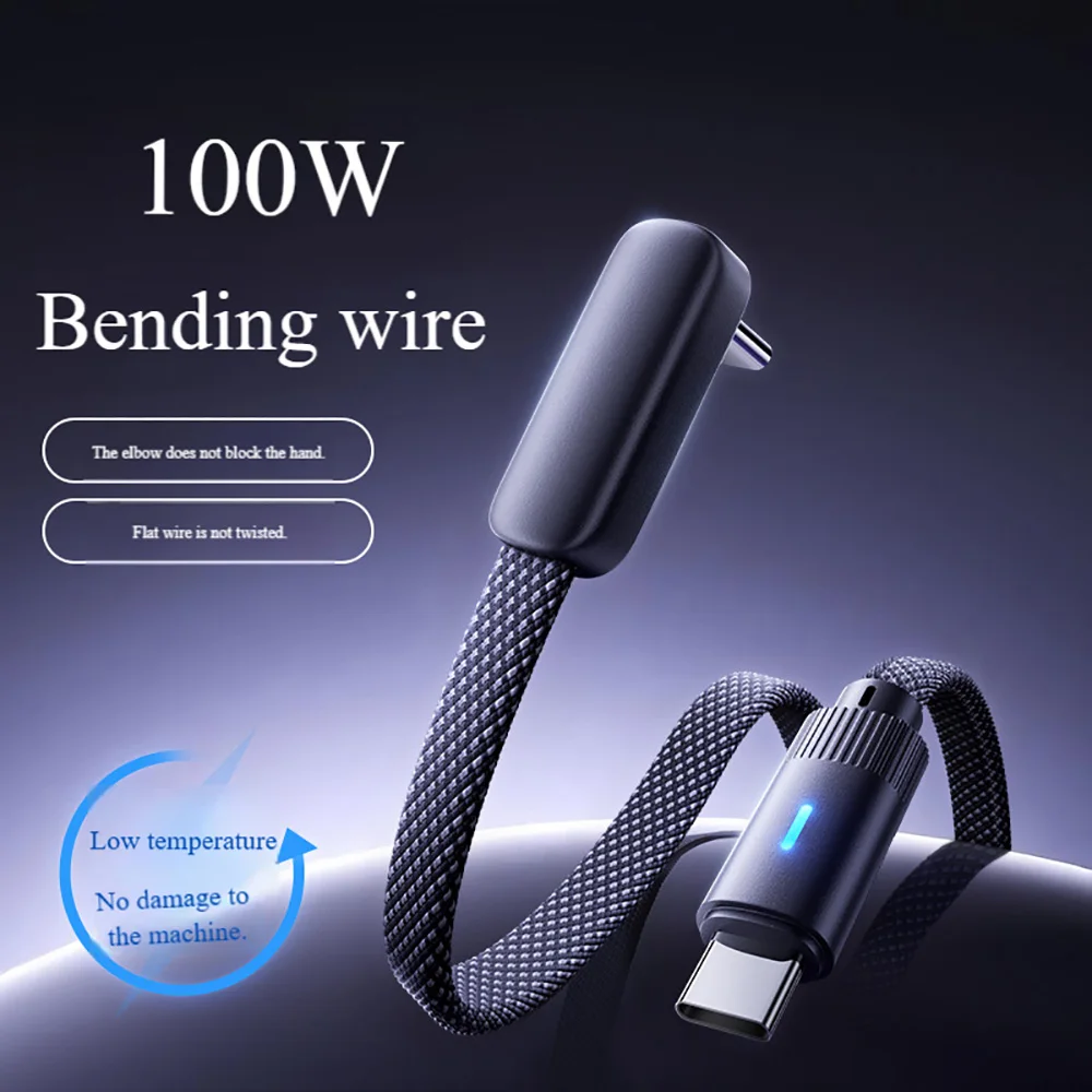 100W New L-Shape USB C To USB C Flat Fast Charging Data Cable Type C To Type C Quick Braided Data Cord for iPhone Huawei Xiaomi