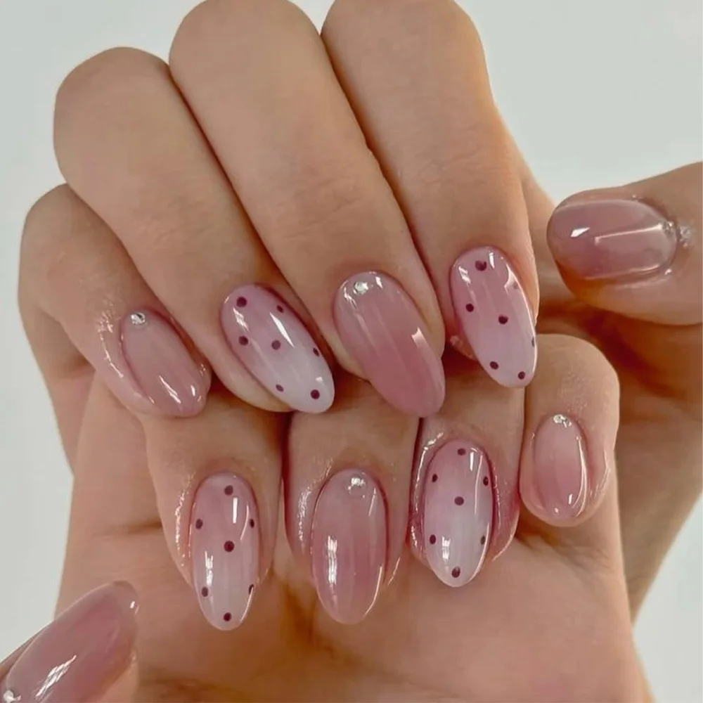 

24PCS Almond Oval Fake Nails with Polka Dot Simple French Gradient Press on Nails Removable False Nails Simple Sweet Manicure 네일