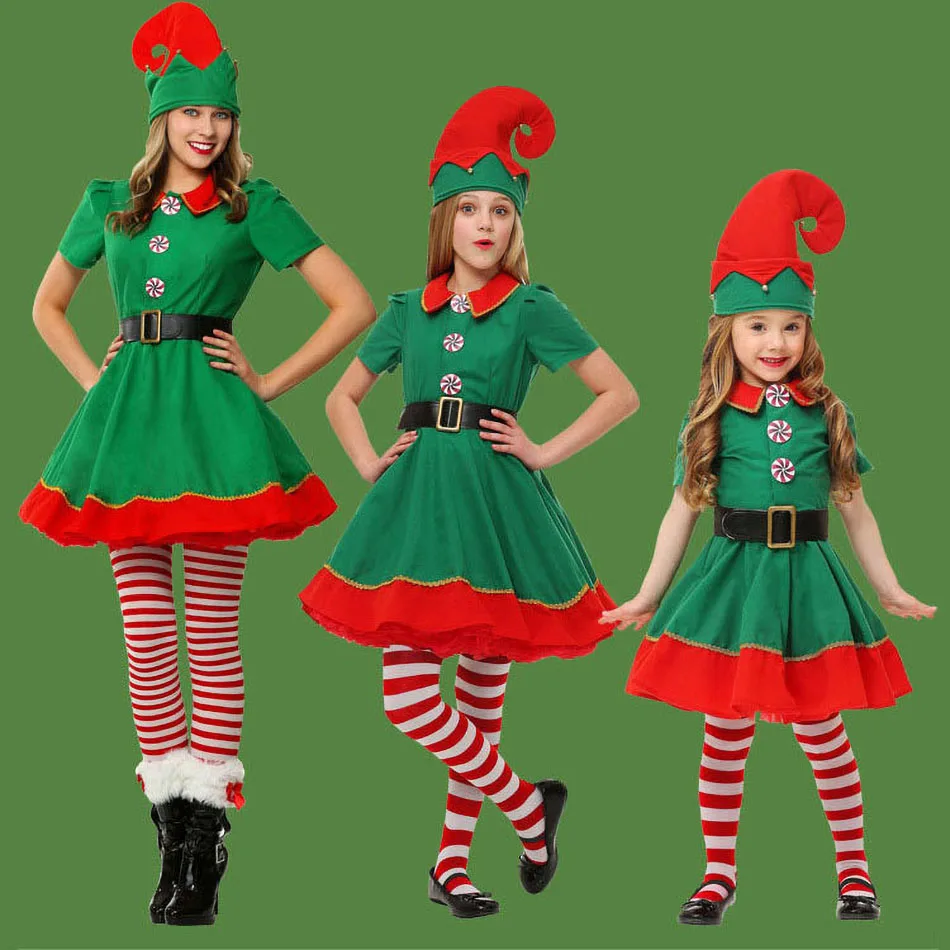 Christmas Family Matching Clothes Boy Girl Elf Xmas Clothes Set Adult Green Red Party Tops Pants Hat Belt Outfit Cosplay Costume