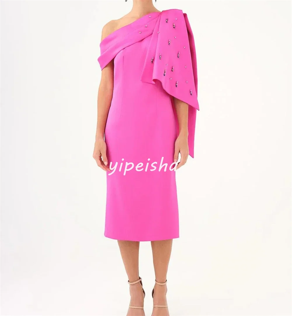 Customized Jersey Rhinestone Pleat Homecoming A-line One-shoulder Bespoke Occasion Gown Midi Dresses