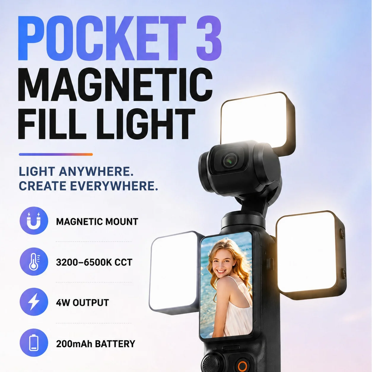 Magnetic Camera Fill Light For DJI Pocket 3 Kit Mini LED Video Light 3 Color Temperatures Adjustable Brightness for Vlog Selfie
