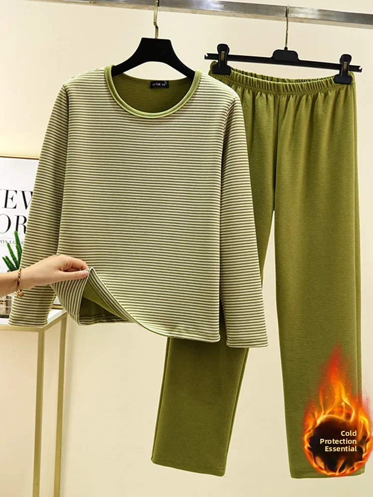 

Women's Winter Home Clothes Set Large Size Loose Fleece Striped Top Outer Wear Warm Sleepwear Two-Piece Set Comfortable Sleep...