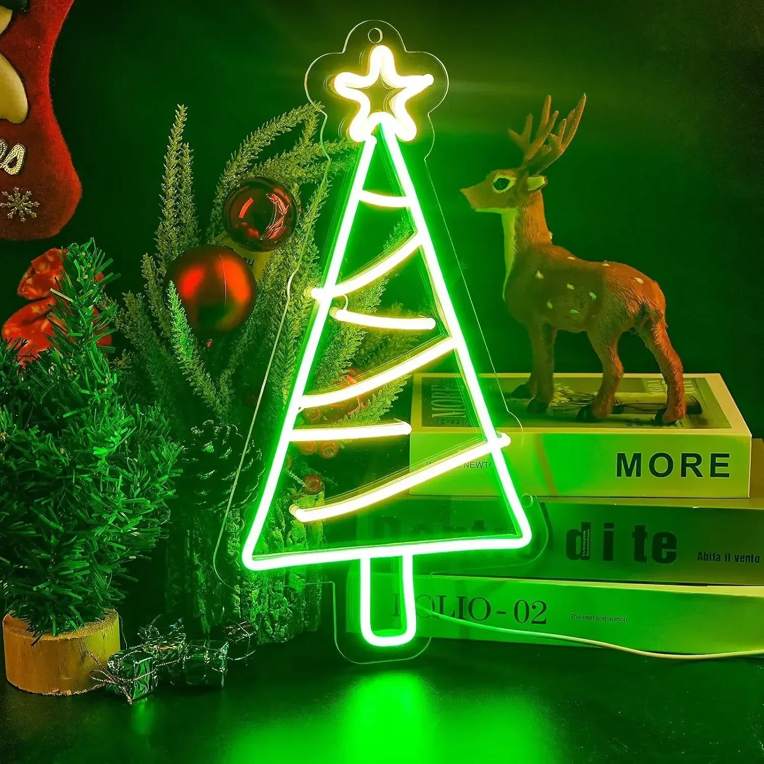 Christmas Tree Star Neon Sign Green Yellow LED Wall Art Acrylic USB Dimmable Light For Xmas Holiday Party Home Bedroom Decor