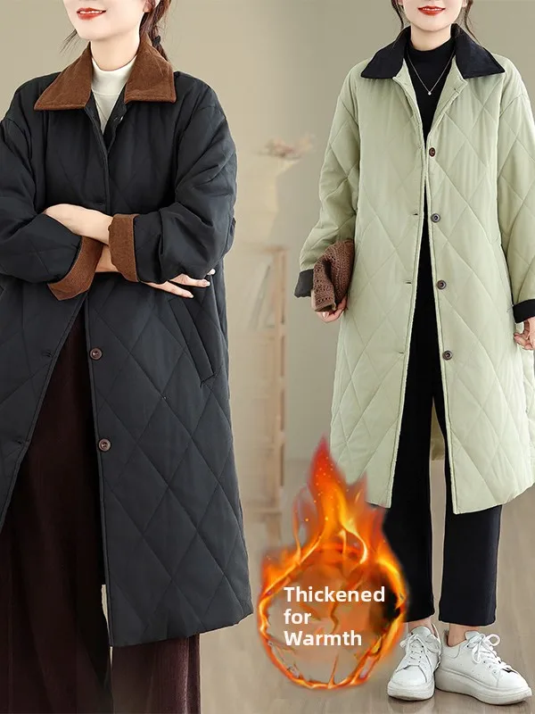 

Artistic Large Size Women's Cotton Jaet Quilted Corduroy Patchwork Diamond Pattern Faionable Winter Outerwear