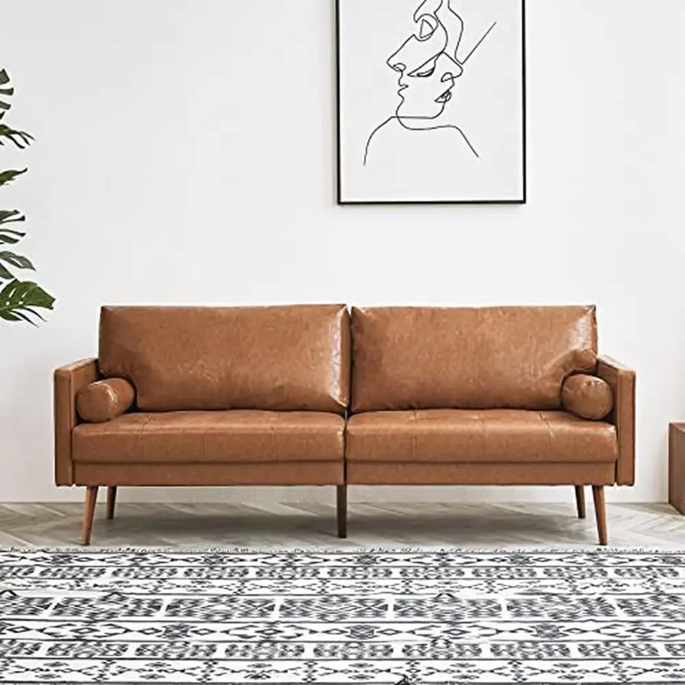 Mid-Century 73 "3-zits Faux Lederen Bank Bank Met Comfort Kussen En Kussens Stabiele Metalen Poten Klassiek Retro Stijl Sofa Home