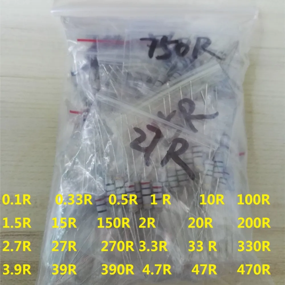 300pcs Resistor Kit Carbon Film Resistance 0.1-750 Ohm Set Metal 0.33 0.5 100 1.5 200 2.7 3.3 390 470 560 1W 5% 30values X 10pcs