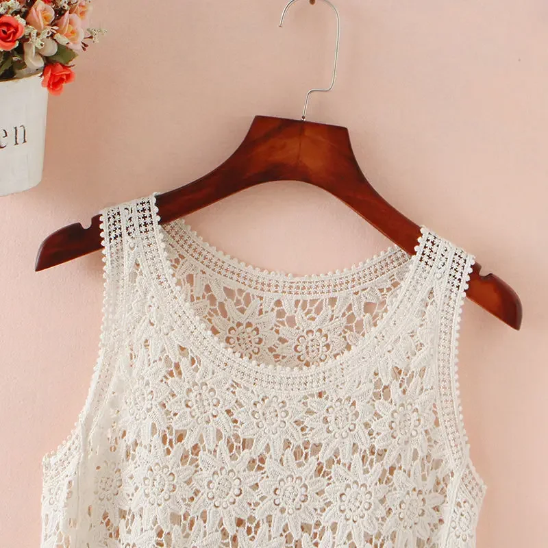 Woman Hollow Out Lace Camisole Shirt Female Loose Simple Inner Base Shirt Top Ladies Sleeveless Tank Top T Shirt Vest Tank G49