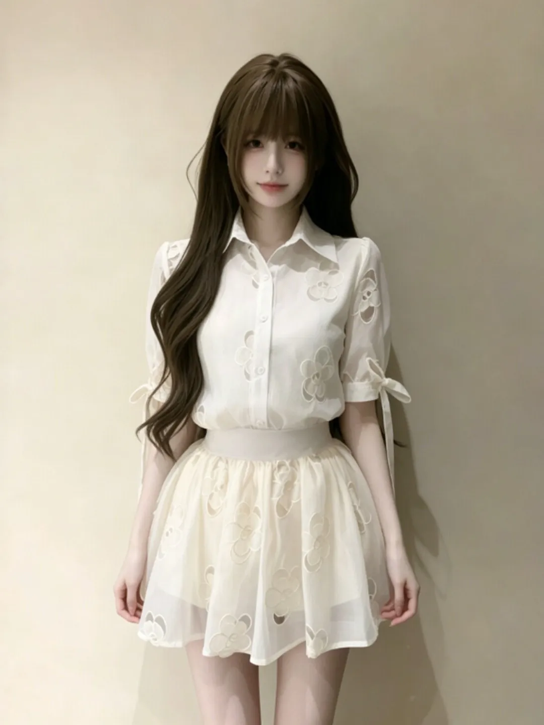 

Korean Style Shirt And Skirt Set Fashionable Two-Piece Summer Outfit Breathable Cotton Blend Short Sleeve Button-Up Gentle Style