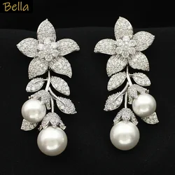 Flower Dangle Earrings for Women Cubic Zirconia Pearls Teardrop Earrings for Wedding Evening Party Jewelry Anniversary Gift Wife
