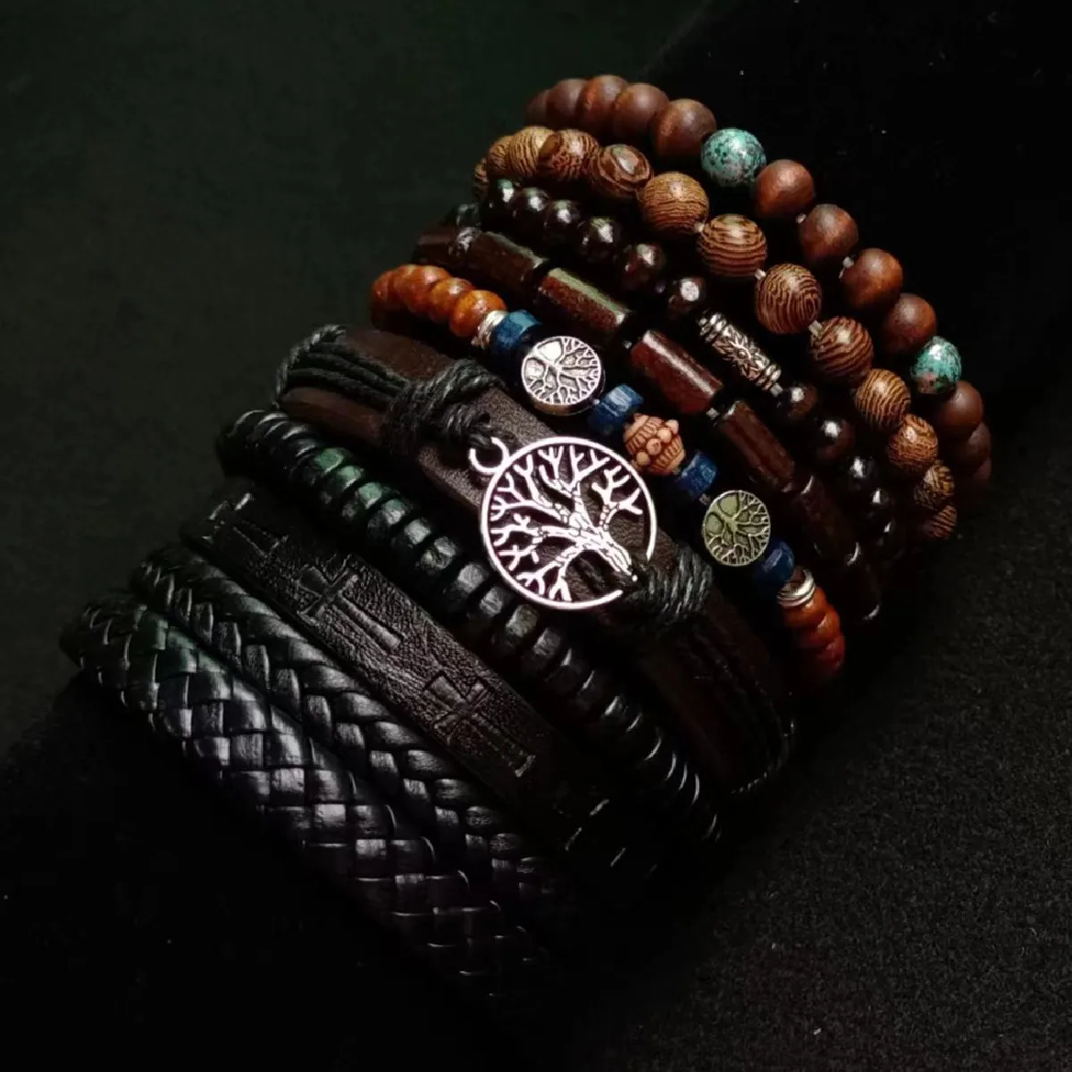 Khaki Tree 10 Pcs/set Black Wrap Woven Fashion Handmade Men Bracelets Male Women Leather Bracelets Men Bangle Wholesale Jewelry - Image 5