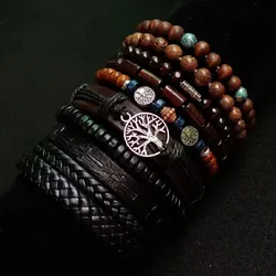 Tree 10 Pcs/set Wood Black Wrap Woven Fashion Handmade Men Bracelets Male Women Leather Bracelets Men Bangle Wholesale Jewelry