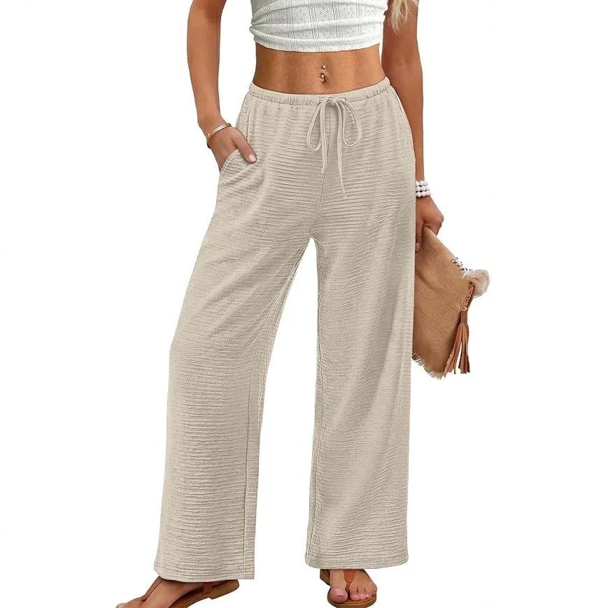 Casual Beach Wide Leg Pants Women's Fashion Elastic Waist Belt Pockets  Color All-Match Summer 2026 Cross-Border Long Tr...
