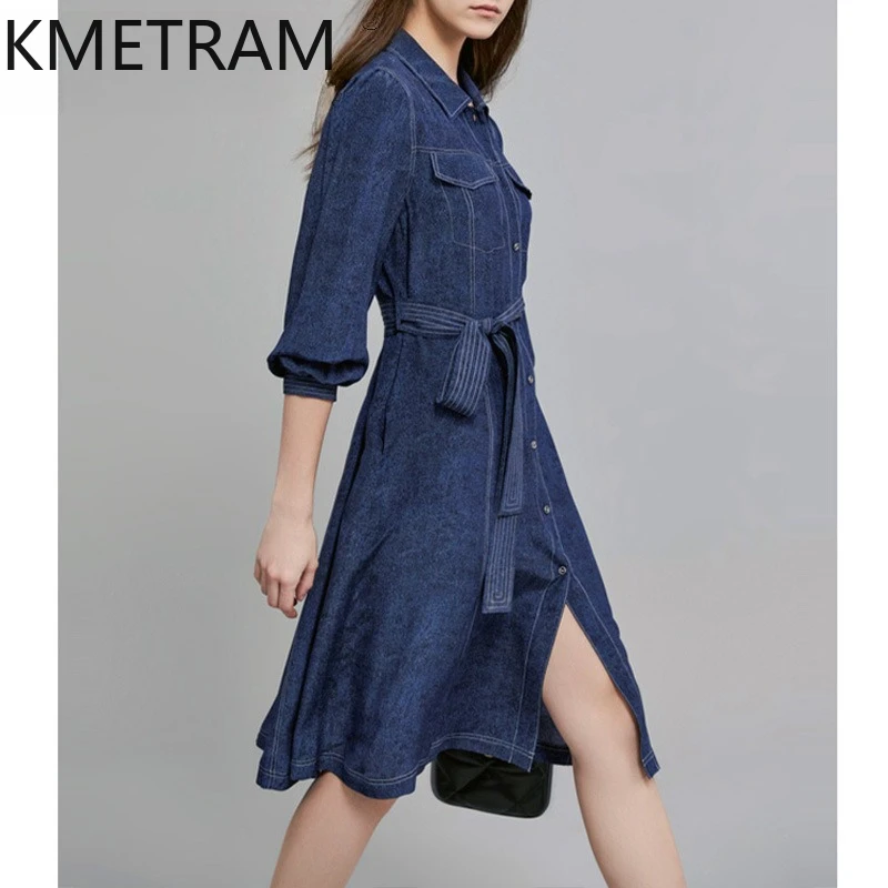 KMETRAM 100% Real Mulberry Silk Shirt Dresses for Women Denim Blue Frocks Summer Belted Midi Dress 2026 Woman Clothes vestidos