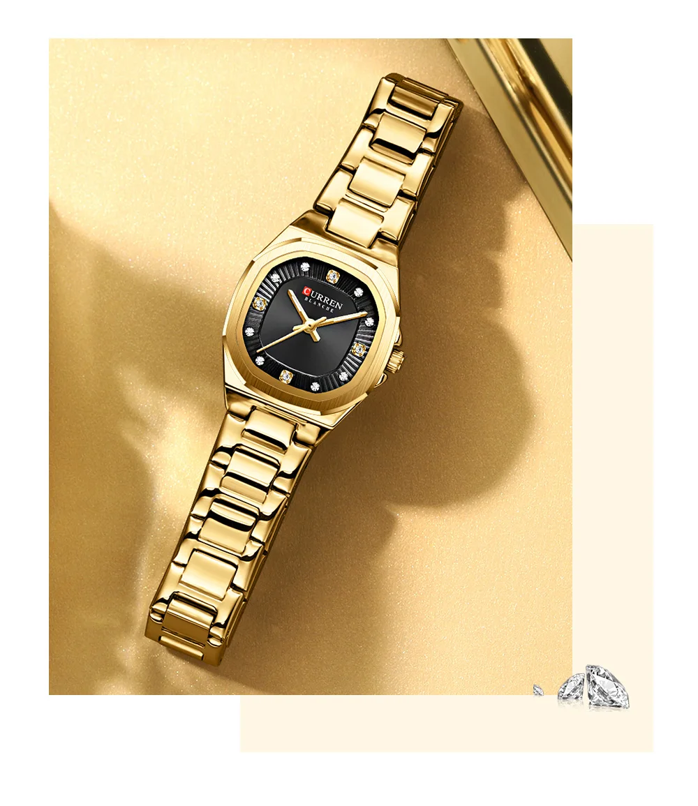 CURREN Gold Damenuhr mit Diamantakzenten, stilvollem Edelstahlband, elegantes Design, wird mit kostenloser Box geliefert – Detail 21