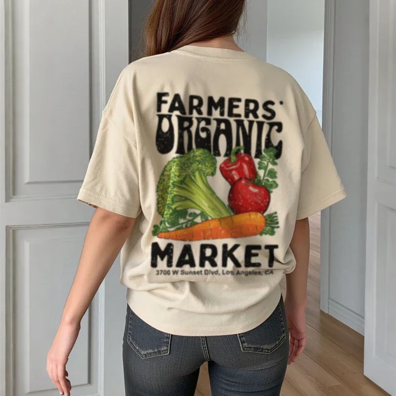 Back Print Y2k Retro Farmers Market T Shirt Vegetable Tshirt Organic Foodie Shirt Unisex Short Sleeve Aesthetic Streetwear Tops