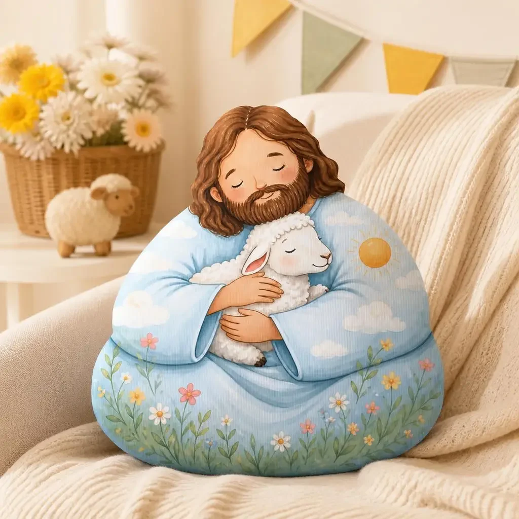 Jesus Good Shepherd Throw Pillow Christian Lamb Cushion Religious Prayer Room Decor Plush Shaped Stuffed Faith Gift Home