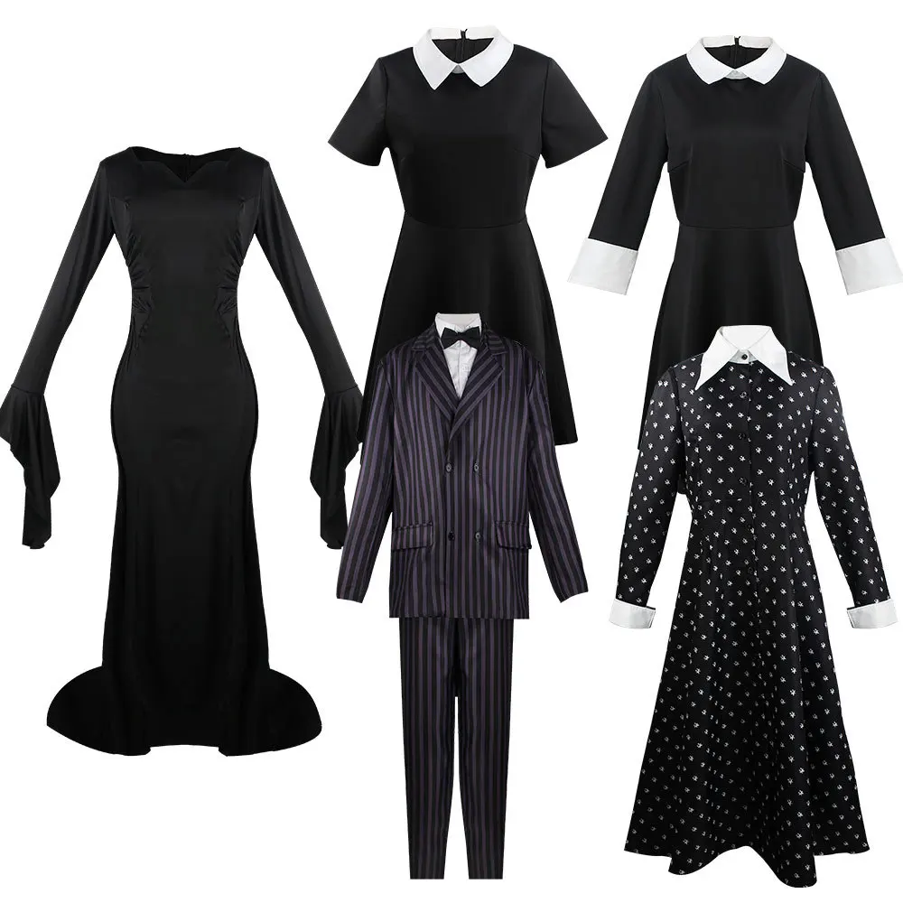 

Vintage Gothic Wednesday Addams Family Cosplay Gomez Suits Outfits Costume Addams Printing Dress For Kids Women Wigs Halloween