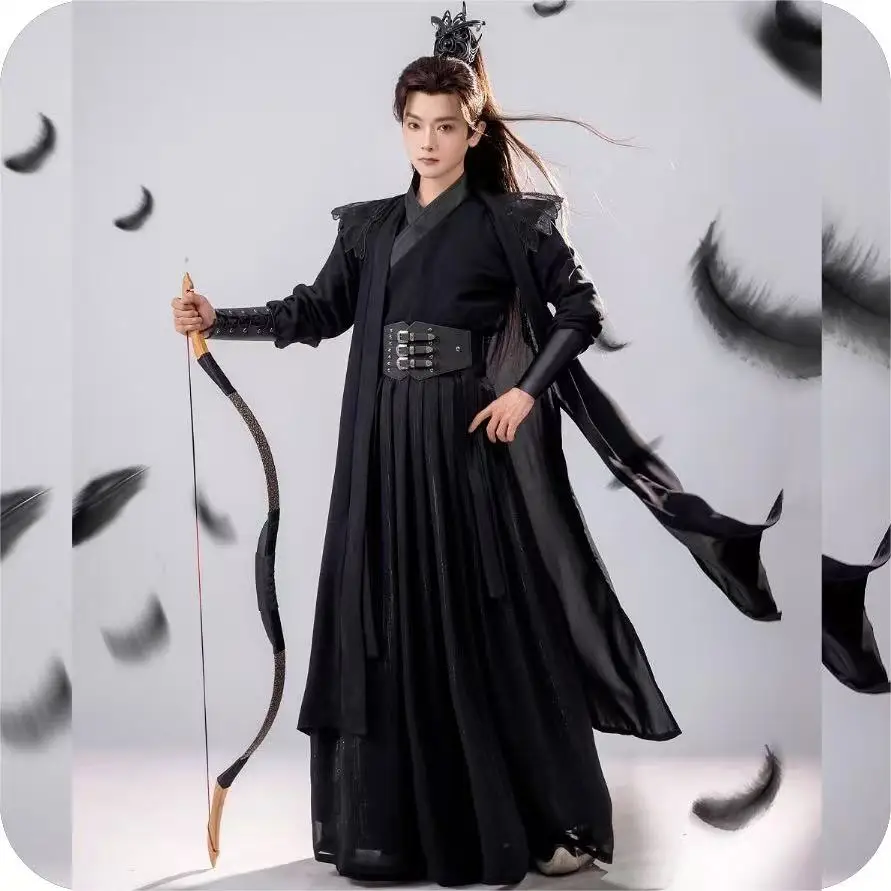Dark Black Wuxia Hanfu Men's Traditional Chinese Clothing Cool Stylish Halloweeen Swordsman Cosplay Costume Street Stage Outfits