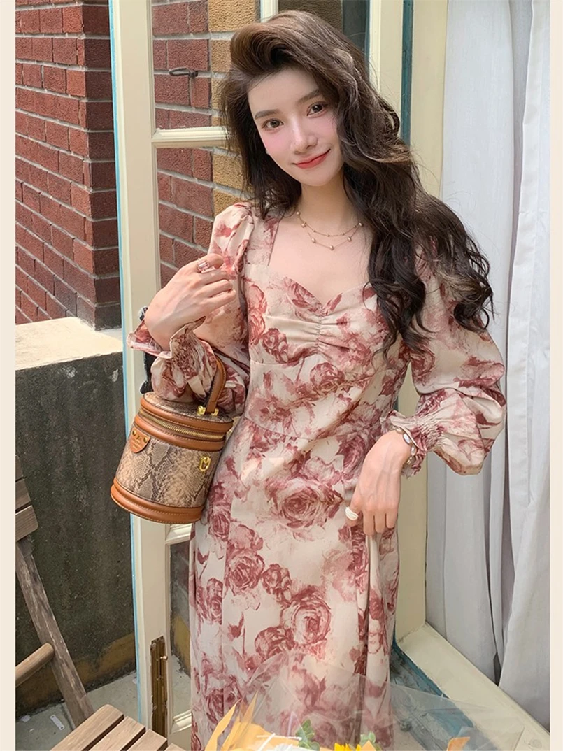 Vestido de verano con estampado Vinatge, Vestidos largos bohe para fiesta en la playa, cuello cuadrado, mangas largas, vestido Sexy con abertura alta, Vestidos de talla grande