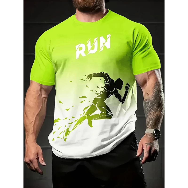 Keep Running Gradient Print T-shirt For Men Personality Outdoor Sport Loose Breathable Short Sleeve T Shirts Summer Train Run