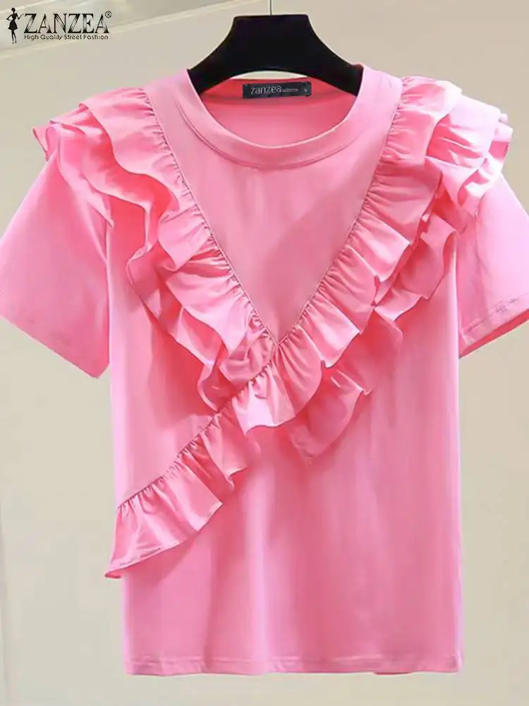 

ZANZEA Women Korean Ruffle Blouse Fashion Chic Tiered Ruffled Short Sleeve Tops 2024 Summer Loose Chic Shirt Casual Female Blusa