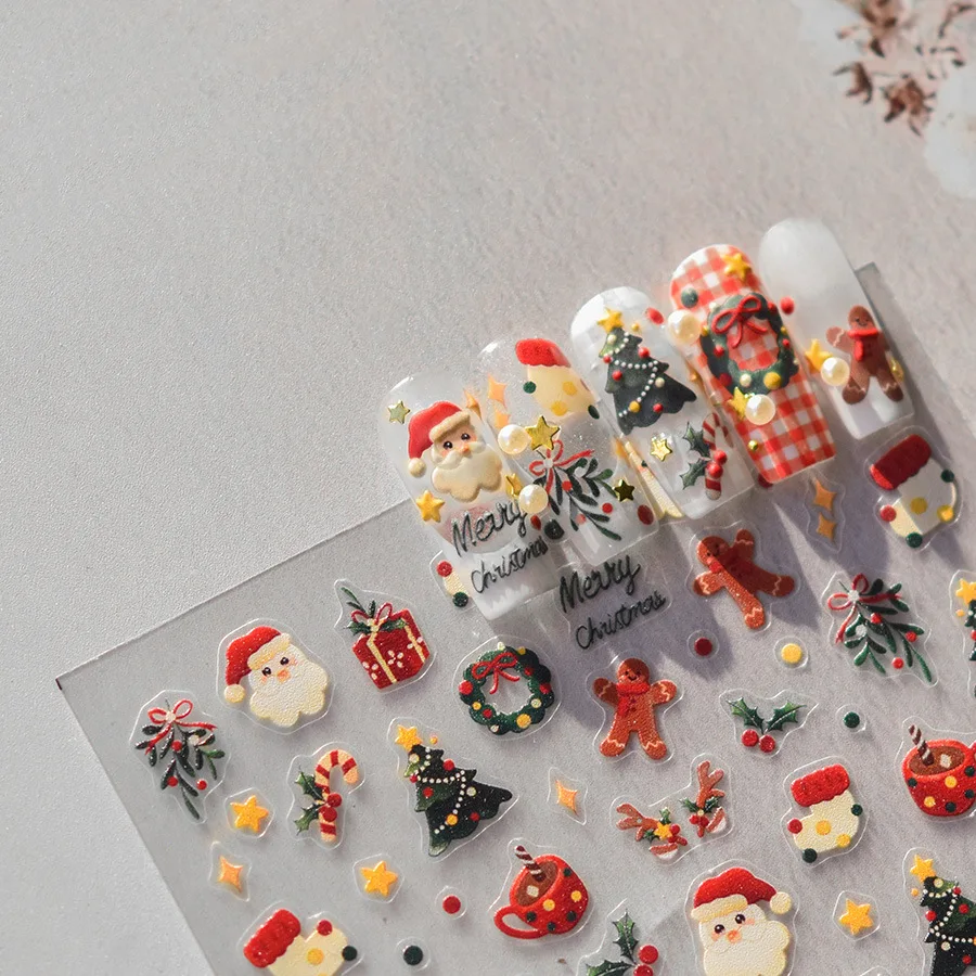 

5D тонкие прочные наклейки для дизайна ногтей, высококачественные милые рождественские наклейки для ногтей, рождественские наклейки для ногтей с трехмерным дизайном