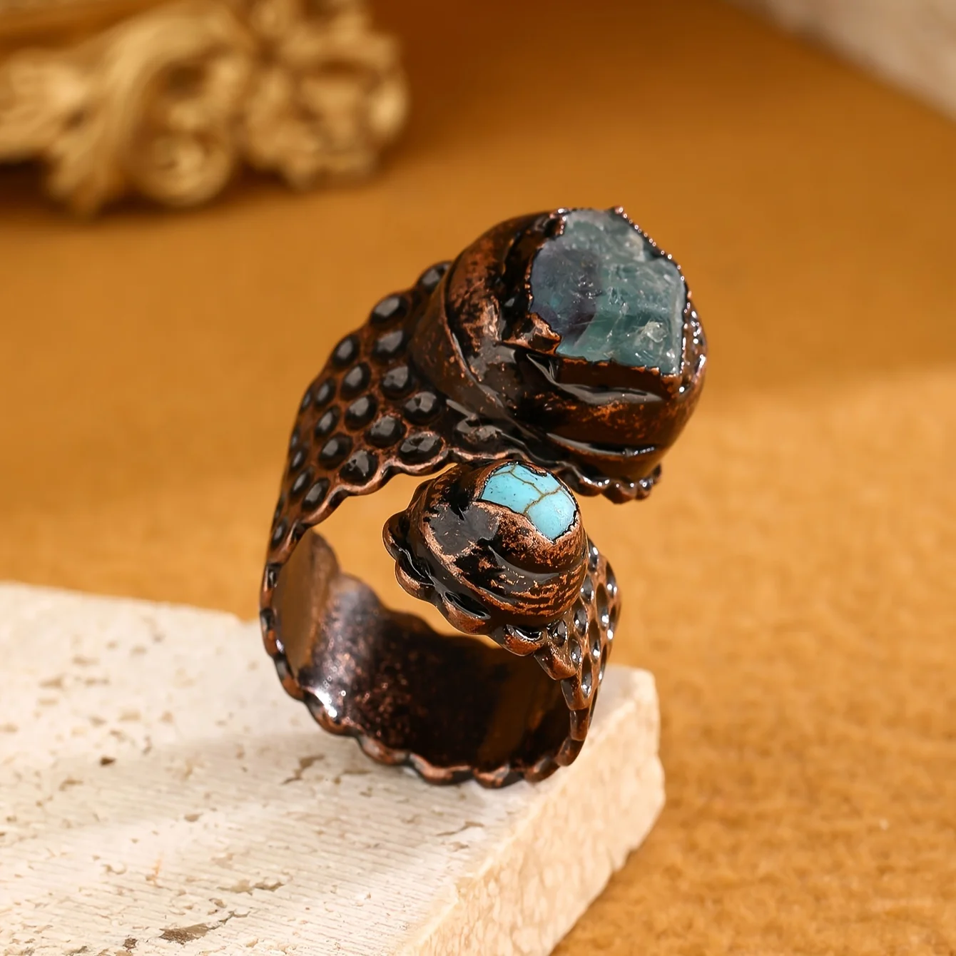 YEEVAA Boho-Chic Adjustable Ring with Natural Turquoise&Lemon Crystal - Vintage Style, Perfect for Casual Attire or Parties