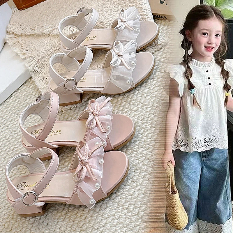Summer Girls' Sandals Lace Bow Open Toe Pearls Sweet Children's Shoes Solid Color Non-slip Fashionable Everyday Children's Shoes