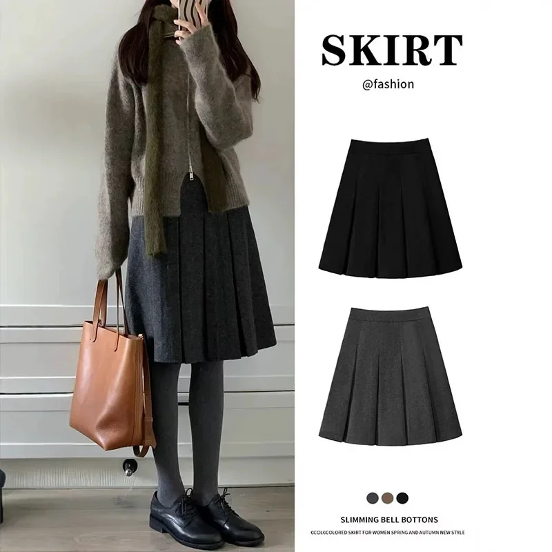 Style Student Preppy A-Line Skirts Woman Vintage Versatile Loose Gray Woolen Knee-Length Skirt Cute and Sweet Pleated Skirts