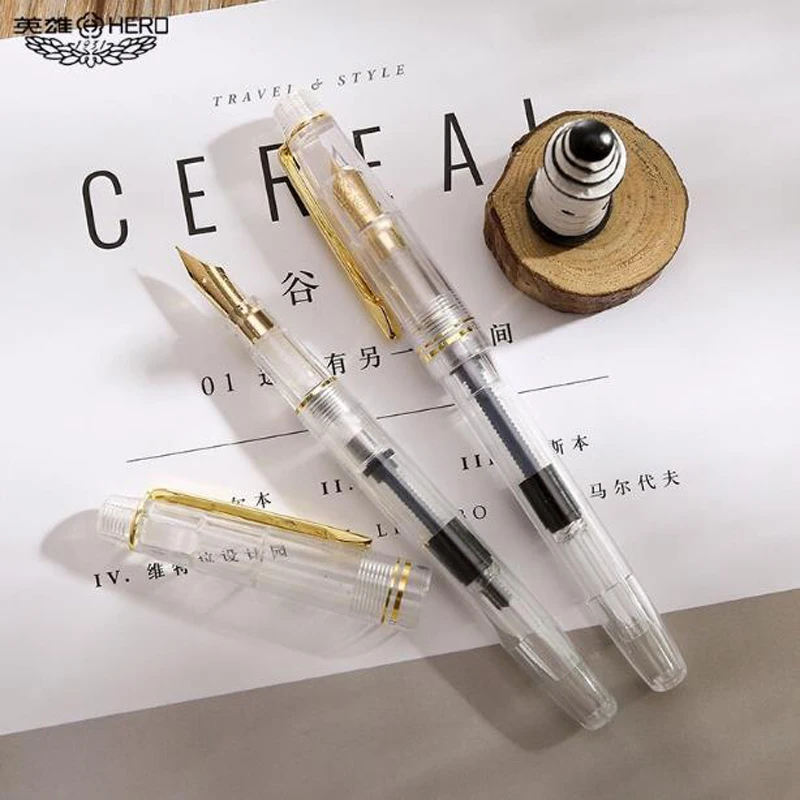 Hero 1202 High-end Transparent Fountain Pen Extra Fine Nib 0.38mm Golden Trim Inking Pens Office School Writing Tool Pen