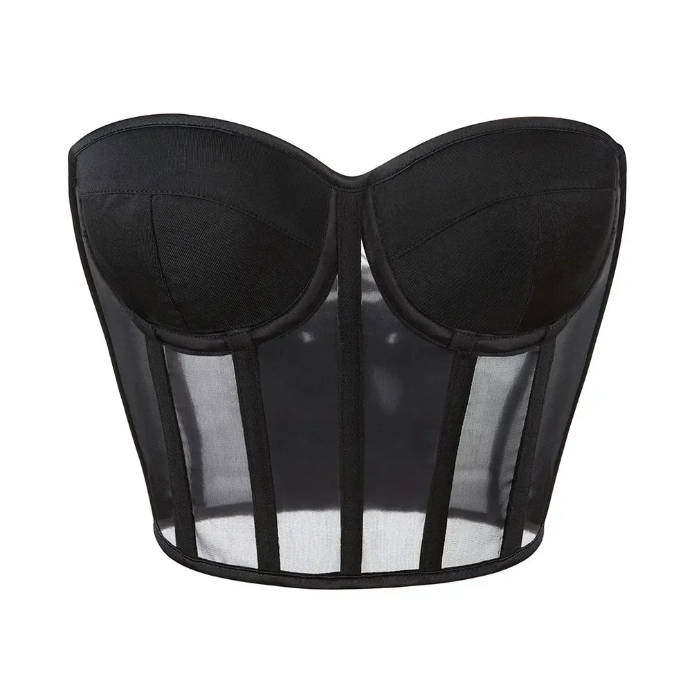 Women Corset Top Crop Bustier Gothic Bra Push Up Bodice Sexy Breathable Mesh Corselet Party Short Camis Black