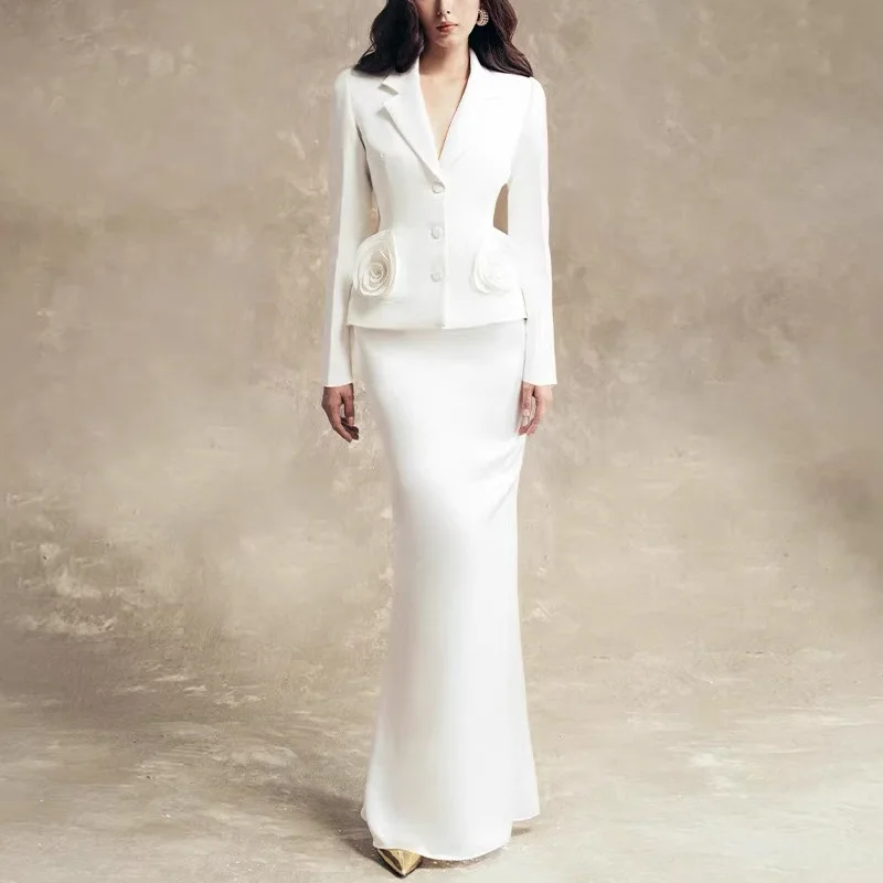 

Matching Sets Elegant White Fashionable Two-Piece Suit Set Women Fitted Waist Blazer and Skirt with Floral Details Dress Sets