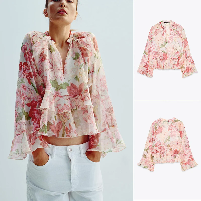 

Summer New Fashion Women's Shirt Layered Decoration Print Top V-neck Long Sleeve Loose Fit Polyester Casual Elegant