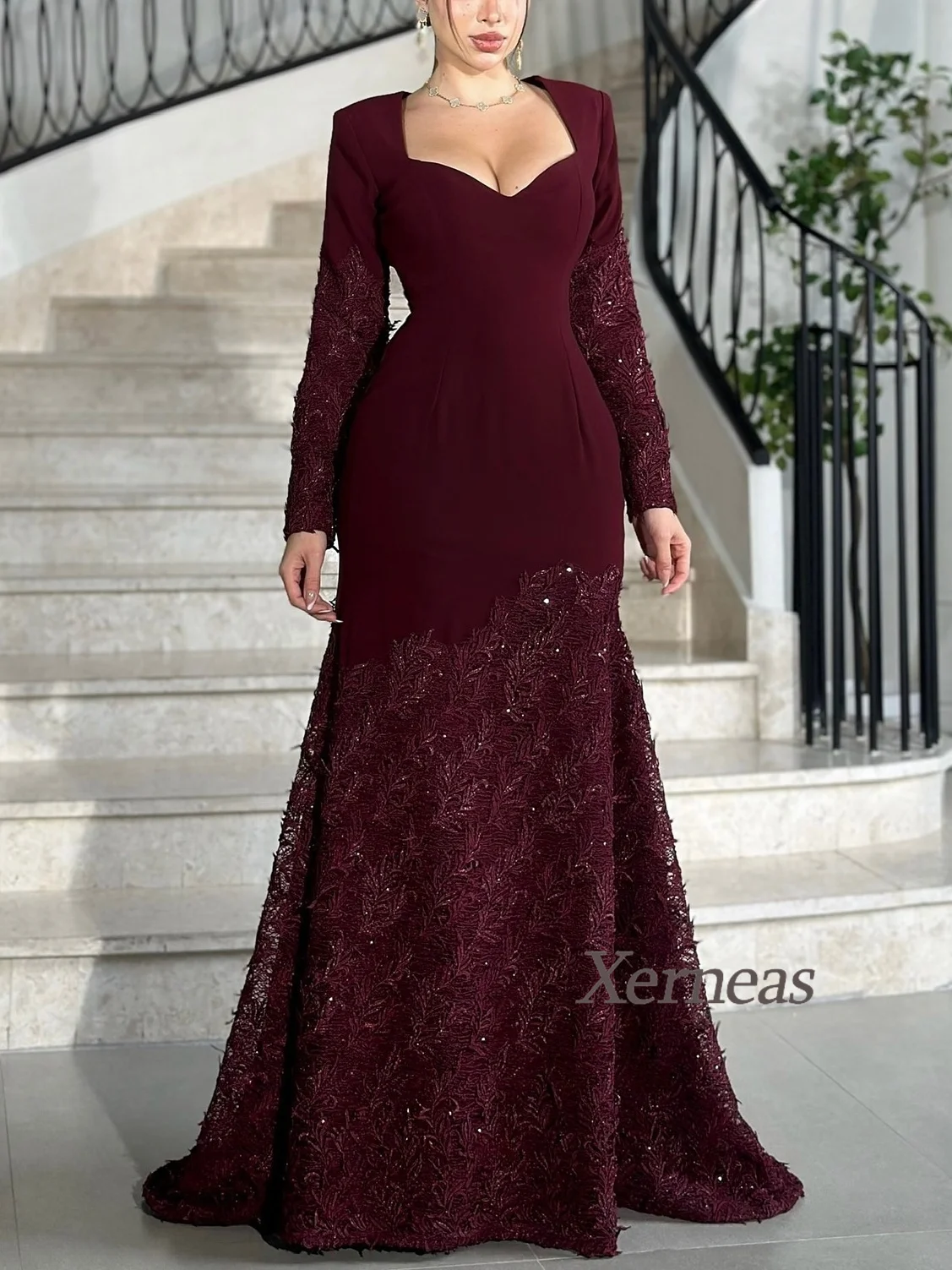 Customized Burgundy Evening Dresses For Women Sweetheart Full Sleeve Mermaid Cocktail Dress Fall Gowns 2026