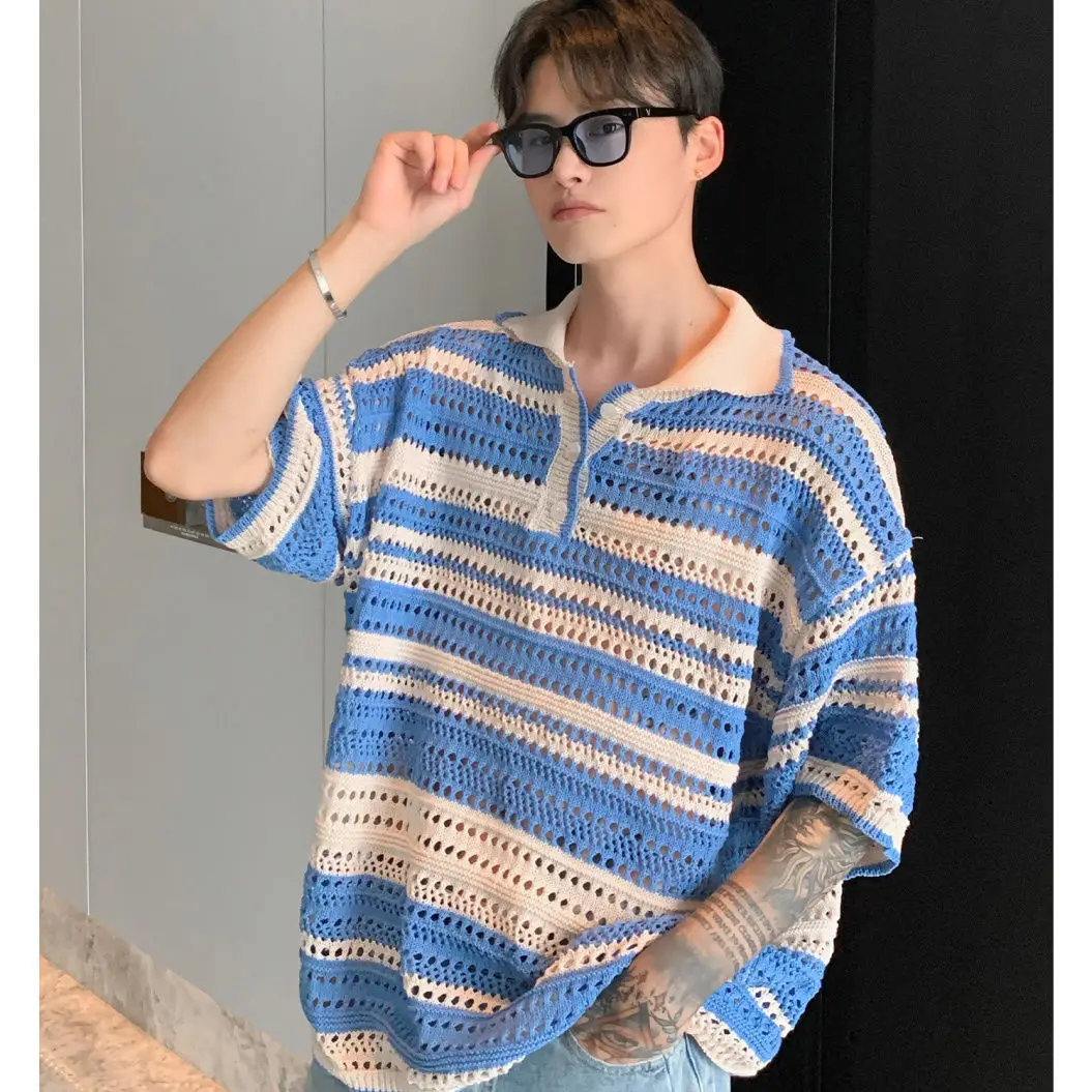 American retro striped contrasting knitted polo shirt loose summer new style lapel casual short sleeved men and women T-shirt