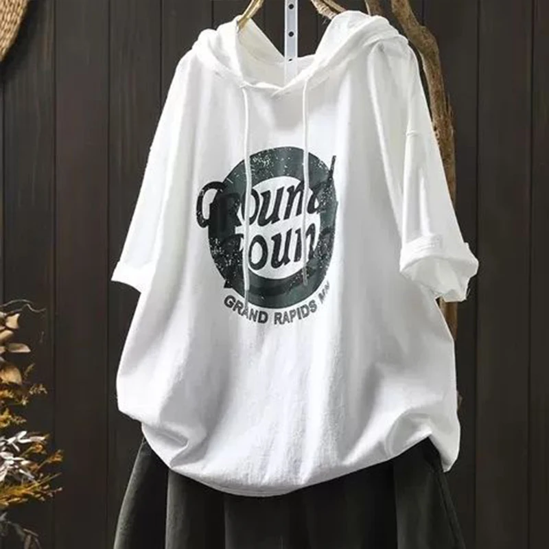 Letter Printed Drawstring Hooded Short Sleeved T-shirt for Women\'s Summer New Loose Slimming Retro Casual Pullover Stylish Top