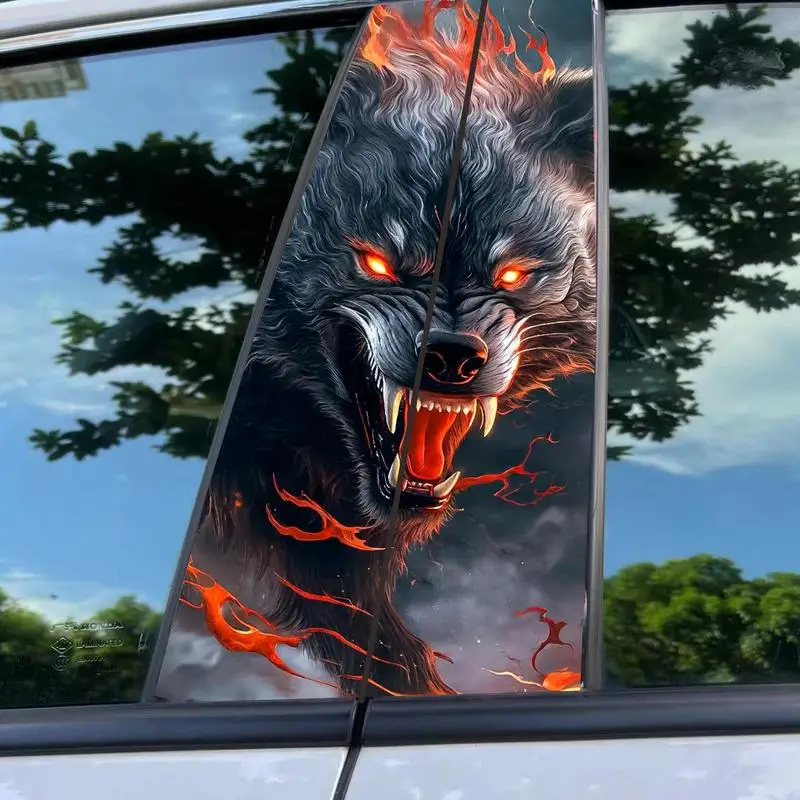 Car Window B-pillar Decals Car Center Pillar Sticker Black Wolf Engulfed In Flames Side Door Window Stickers Auto Accessories