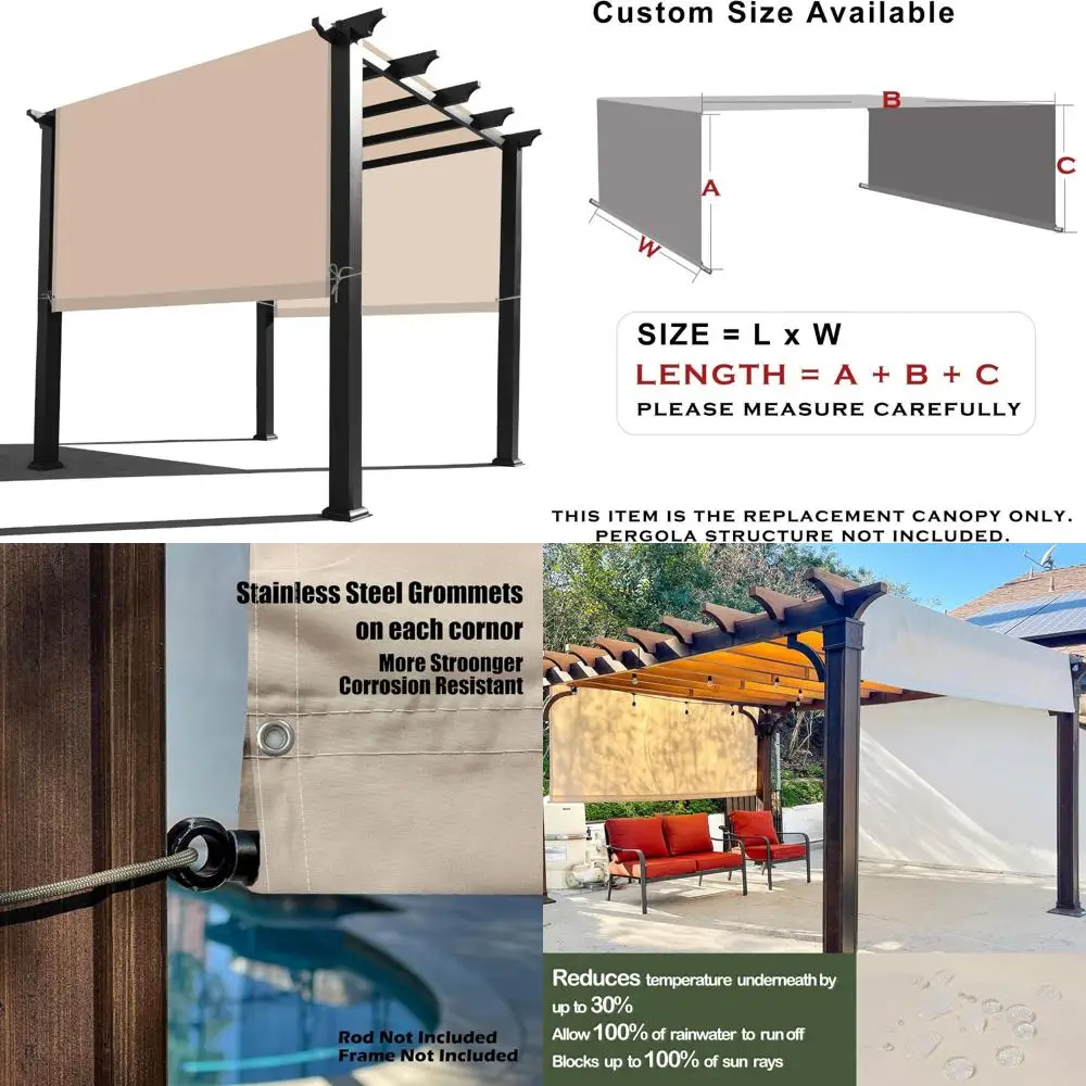 

Universal Waterproof Pergola Canopy Replacement Cover - 12 Feet Long x 8 Feet Wide, Beige for Outdoor Structures