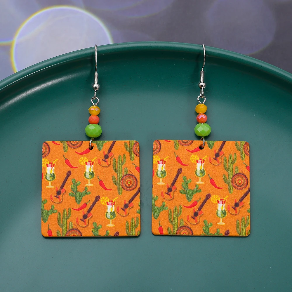 Fashion New Casual Party Accessories Green Orange Style Guitar Cocktail Pattern Acrylic Earrings For Women Elegant Girls Jewelry