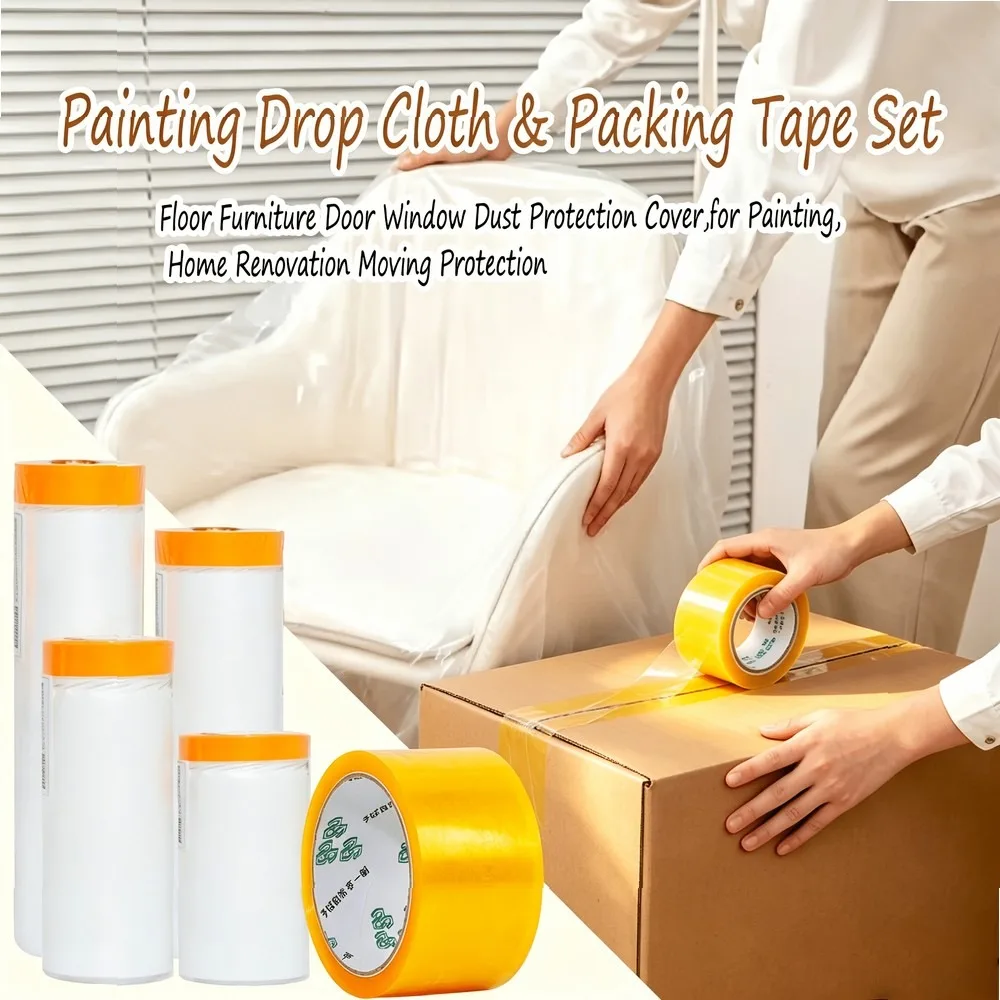 Professional Paint Protection Cover Plastic Film with Packing Tape for Floor Furniture Doors Windows Home Renovation