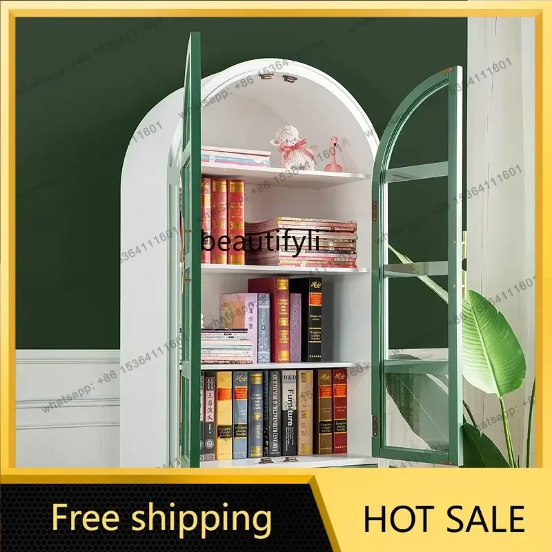 Factory Direct American Solid Wood Bookcase Storage Bookshelf Arched Glass Door Locker French Display Cabinet
