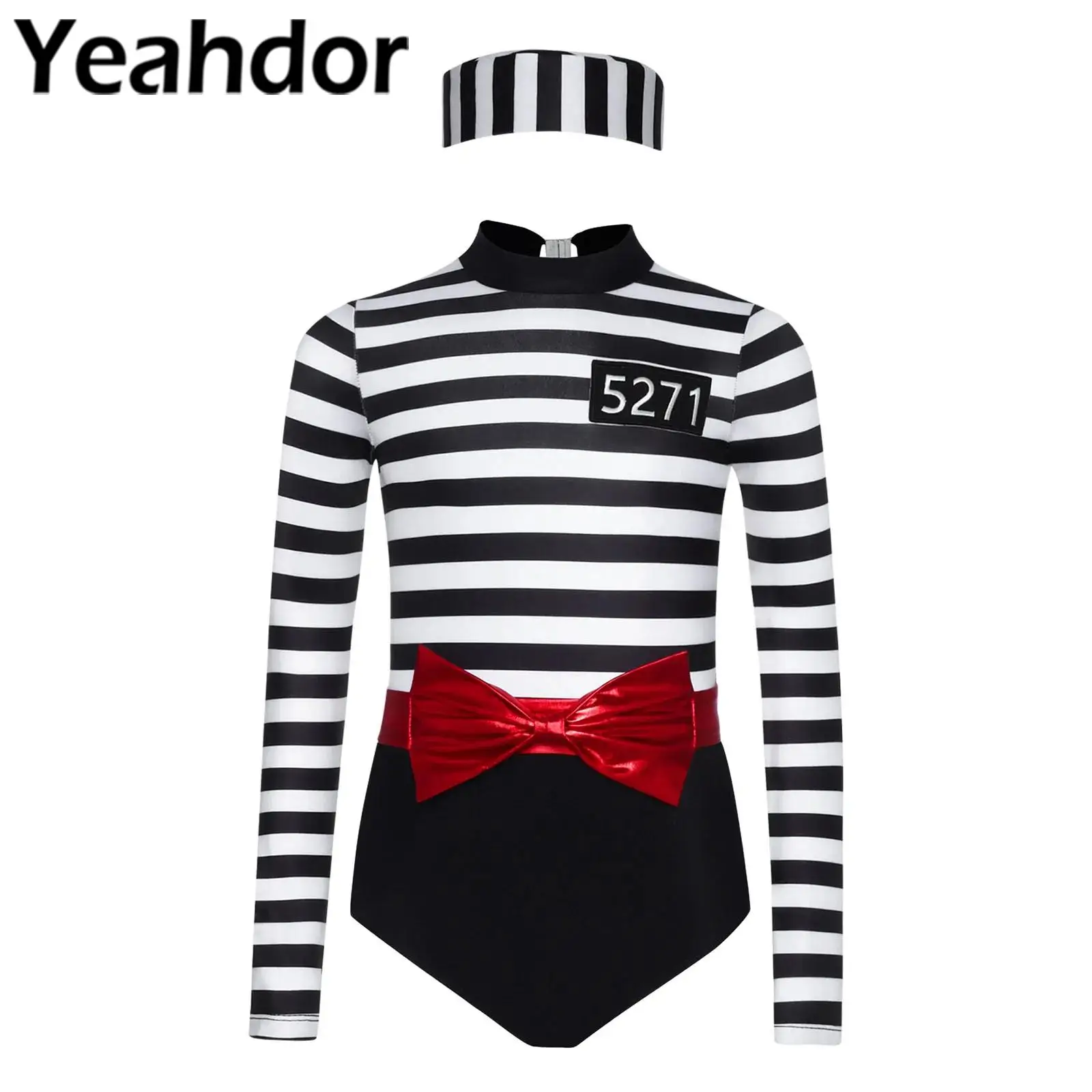 

Детский карнавальный костюм заключенного для девочек, комплекты из 3 предметов для косплея, комбинезон с длинными рукавами и поясом с бантом и кепкой, карнавальное платье