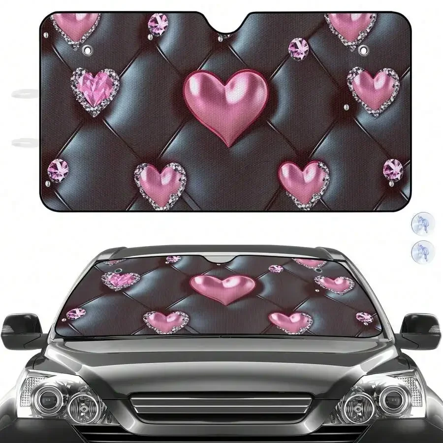 

Car Windshield Sunshade Black Pink Heart Rhinestone Print Polyester Universal Interior Accessory
