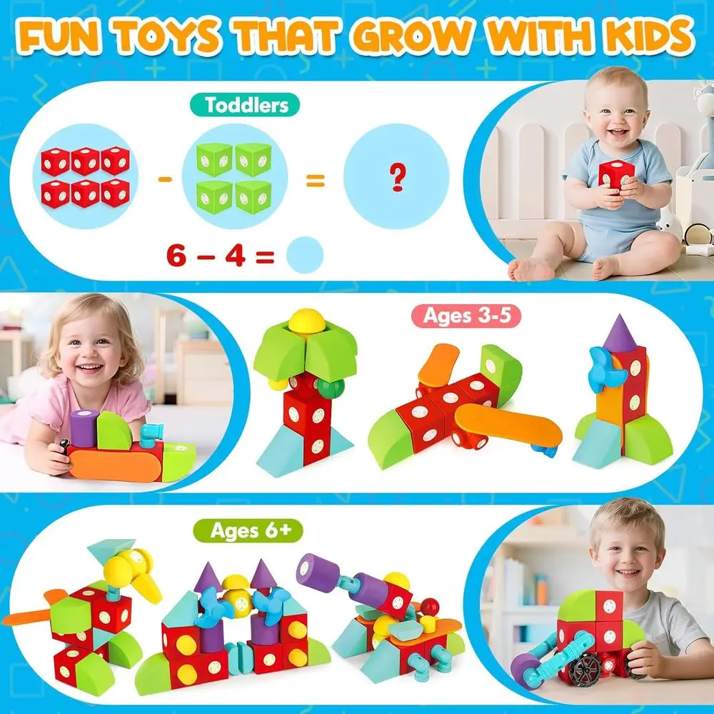 50-Piece Large Magnetic Foam Blocks for Toddlers 3+, Kids' Bath & STEM Toys, Ideal Birthday Gift for Boys & Girls Ages 3-6