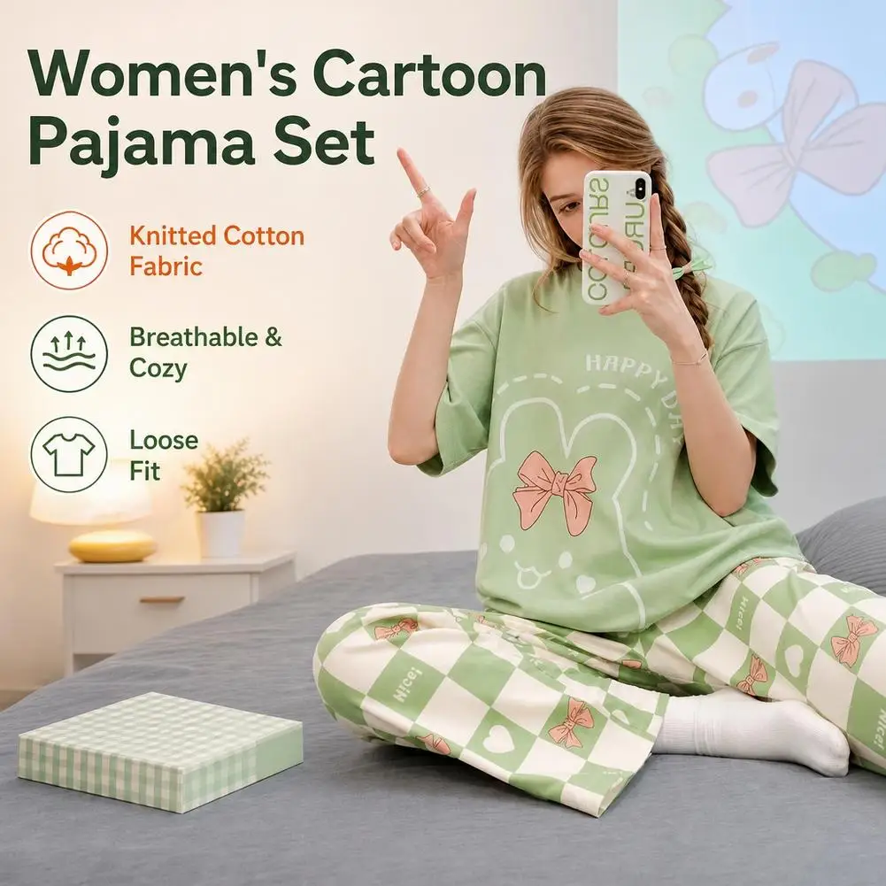 2-Piece Women Pajamas Set New Trousers Loose Casual O-Neck Home Wear Set Autumn and Winter Cartoon Bear Xmas Long Sleeve Pajamas image 3