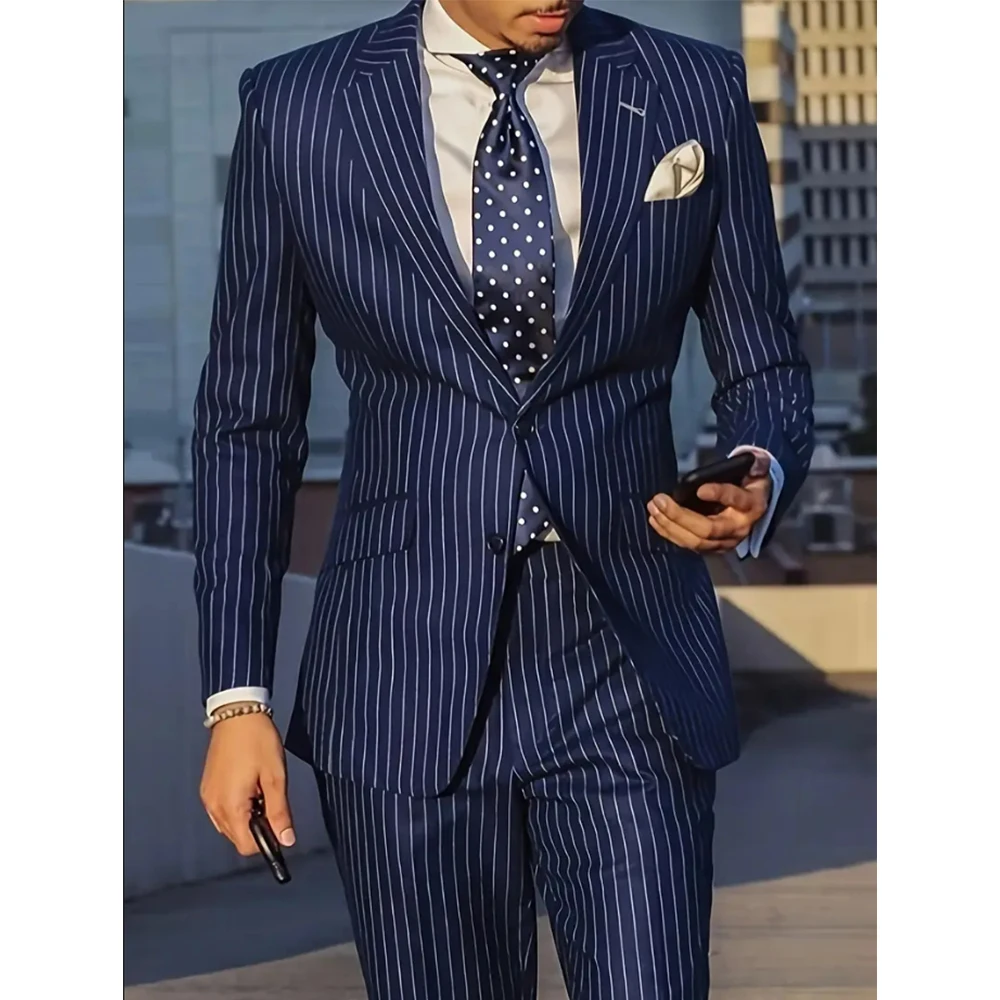 

Men's Striped Suit Two Piece Set Single Breasted Notch Lapel Slim Fit Comfortable Business Suit Elegant Formal Office Wear Styli