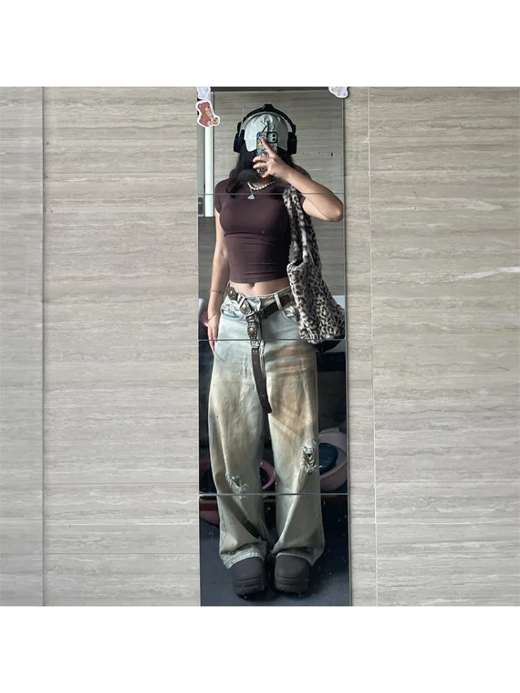 Pantaloni in denim da donna Y2K Distress Eclectic Dritto Grunge Street Jeans retrò a vita alta Pantaloni Emo vintage lavati casual anni 2000