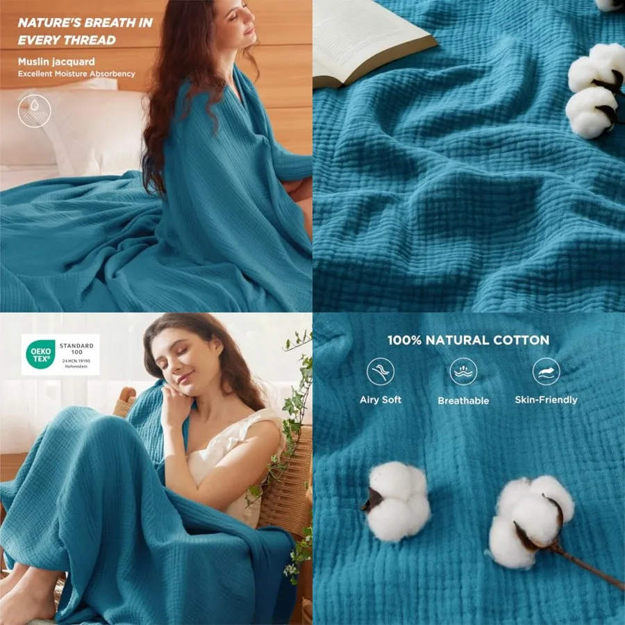 

1 Cotton Muslin Blanket King Size for Bed 4Layer Breathable and Lightweight Thin Soft Summer Gauze Muslin Blanket for Adults, T